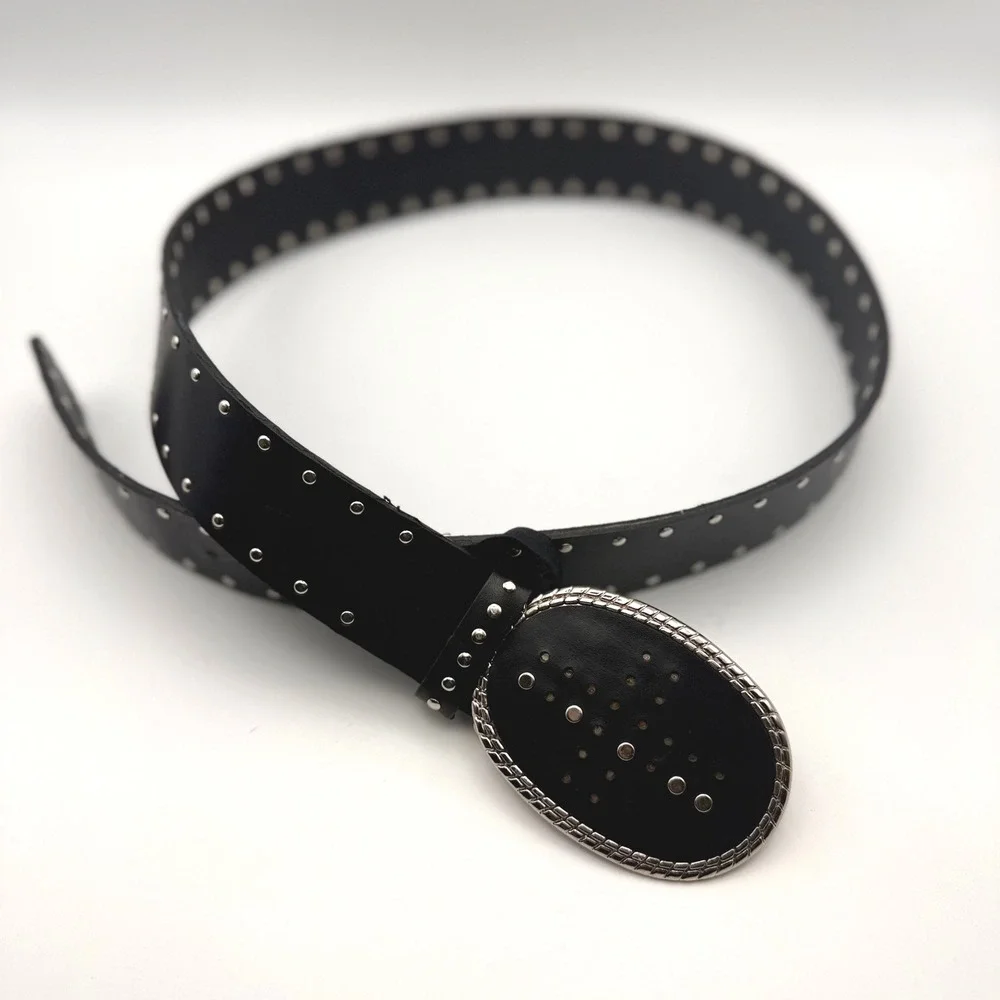 Steve‎ Madden Mens Black Leather Studded Belt Silver Oval Buckle 37 Inch